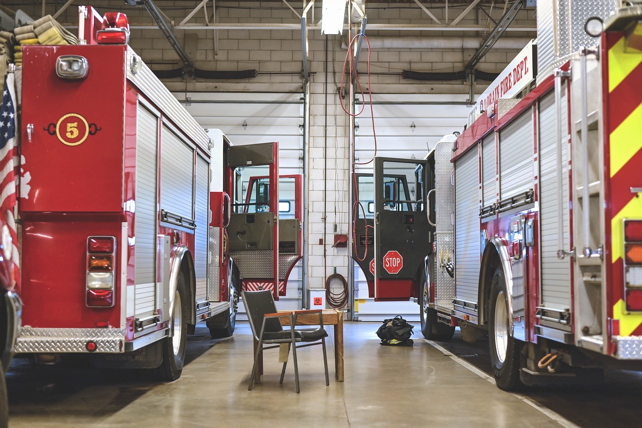 Fire department truck bay with organized equipment