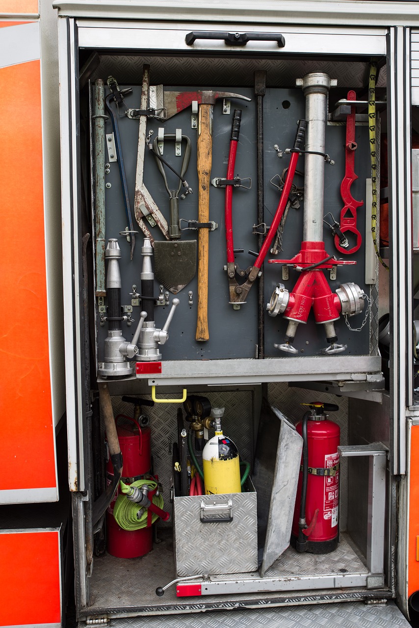 Fire truck compartment with organized tools and equipment